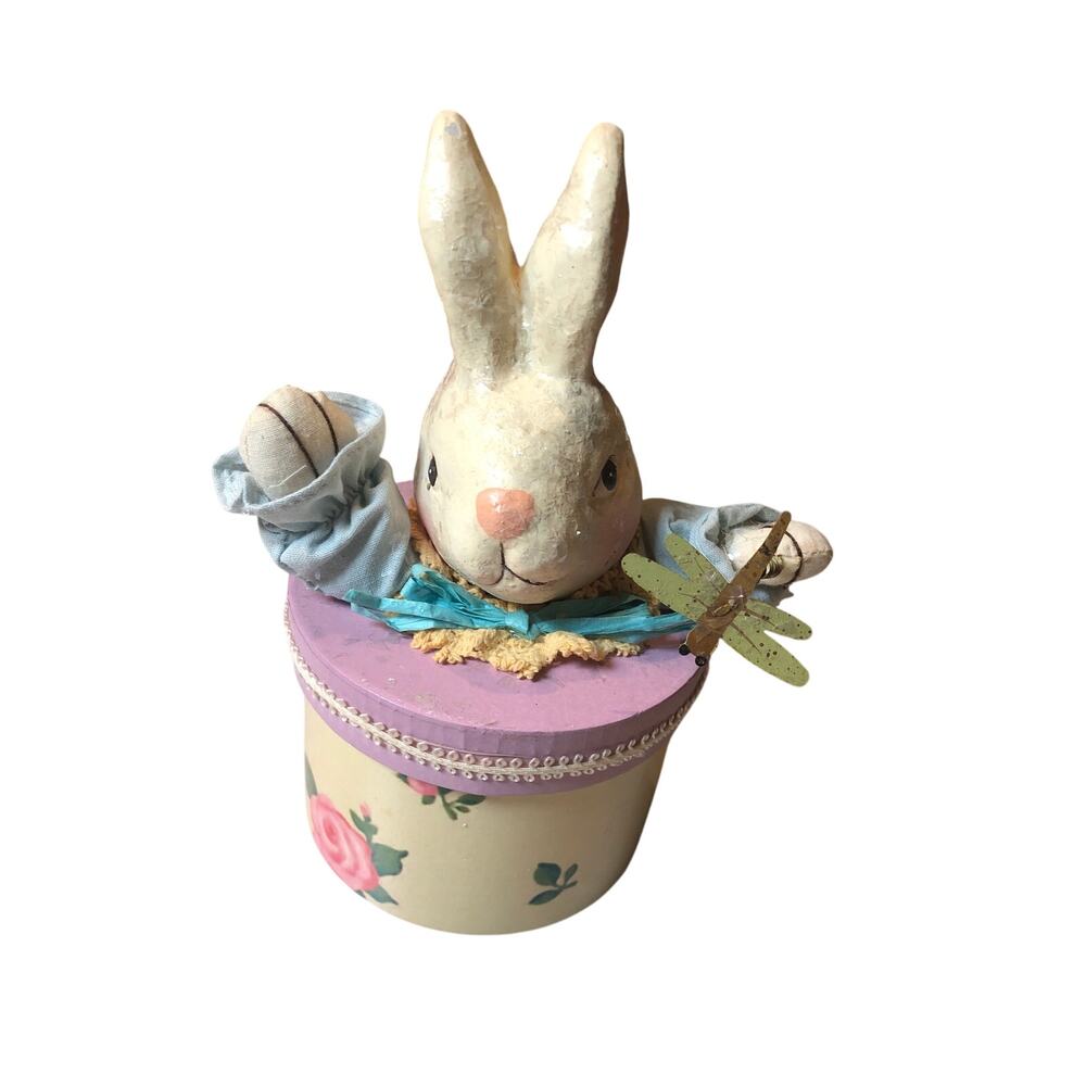 Vintage Easter Bunny Dragonfly Round Box Ceramic Head Arms crocheted collar
